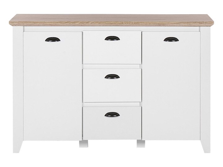 Komoda jasne drewno biała płyta pilśniowa skandynawski design 3 szuflady dwudrzwiowa przechowywanie do salonu Z szafkami Płyta MDF Styl Minimalistyczny Kolor Biały