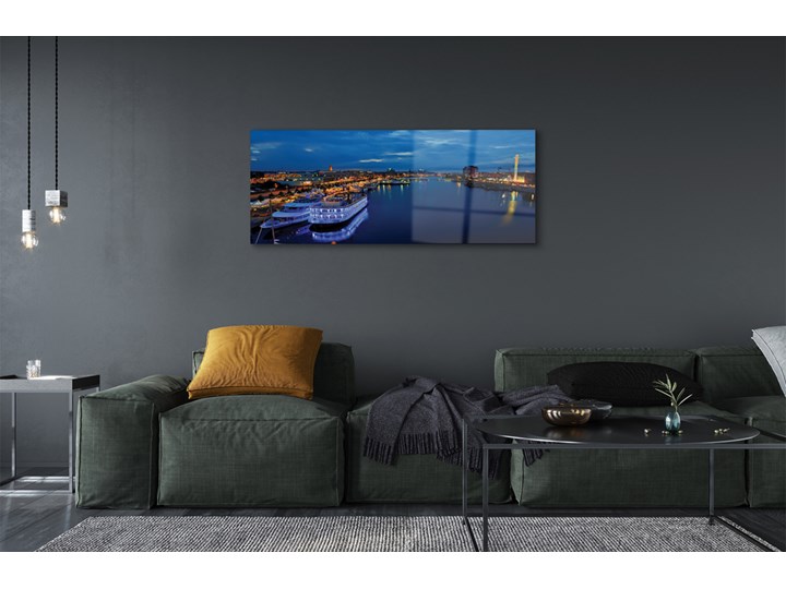 Obrazy na szkle Statek morze miasto nocą niebo Wymiary 50x100 cm Wymiary 70x140 cm