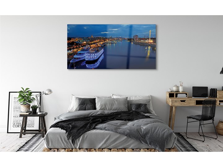 Obrazy na szkle Statek morze miasto nocą niebo Wymiary 60x120 cm