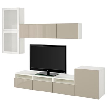 IKEA BESTÅ Kombinacja na TV/szklane drzwi, biały/Selsviken wysoki połysk/ beż szkło matowe, 300x42x211 cm