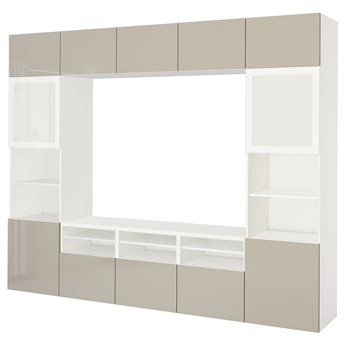 IKEA BESTÅ Kombinacja na TV/szklane drzwi, biały/Selsviken wysoki połysk/ beż szkło matowe, 300x42x231 cm