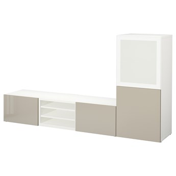 IKEA BESTÅ Kombinacja na TV/szklane drzwi, biały/Selsviken wysoki połysk/ beż szkło matowe, 240x42x129 cm