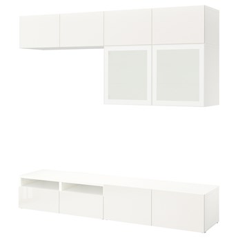 IKEA BESTÅ Kombinacja na TV/szklane drzwi, biały/Selsviken wysoki połysk biały szkło matowe, 240x42x231 cm