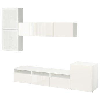 IKEA BESTÅ Kombinacja na TV/szklane drzwi, biały/Selsviken wysoki połysk biały szkło matowe, 300x42x211 cm