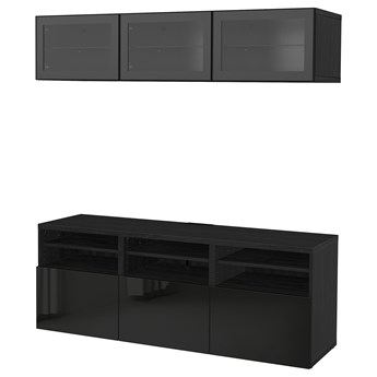 IKEA BESTÅ Kombinacja na TV/szklane drzwi, Czarnybrąz/Selsviken połysk/czarne przezroczyste szkło, 180x42x192 cm