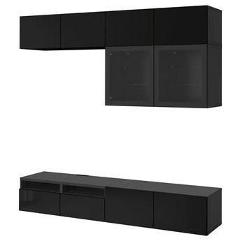 IKEA BESTÅ Kombinacja na TV/szklane drzwi, Czarnybrąz/Selsviken połysk/czarne przezroczyste szkło, 240x42x231 cm