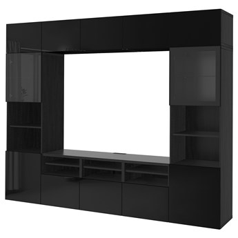 IKEA BESTÅ Kombinacja na TV/szklane drzwi, Czarnybrąz/Selsviken połysk/czarne przezroczyste szkło, 300x42x231 cm