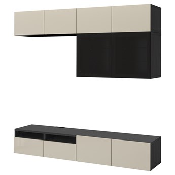 IKEA BESTÅ Kombinacja na TV/szklane drzwi, Czarnybrąz/Selsviken wysoki połysk/beż przydymione szkło, 240x42x231 cm