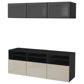 IKEA BESTÅ Kombinacja na TV/szklane drzwi, Czarnybrąz/Selsviken wysoki połysk/ beż szkło bezbarwne, 180x42x192 cm