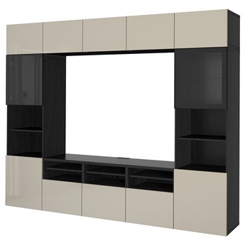 IKEA BESTÅ Kombinacja na TV/szklane drzwi, Czarnybrąz/Selsviken wysoki połysk/ beż szkło bezbarwne, 300x42x231 cm