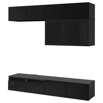 IKEA BESTÅ Kombinacja na TV/szklane drzwi, Czarnybrąz/Selsviken wysoki połysk/czarny dymione szkło, 240x42x231 cm