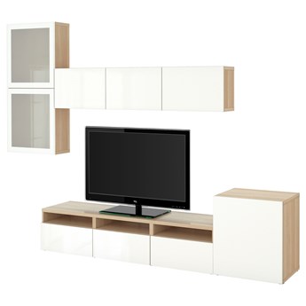 IKEA BESTÅ Kombinacja na TV/szklane drzwi, dąb bejcowany na biało/Selsviken wysoki połysk biały szkło matowe, 300x42x211 cm