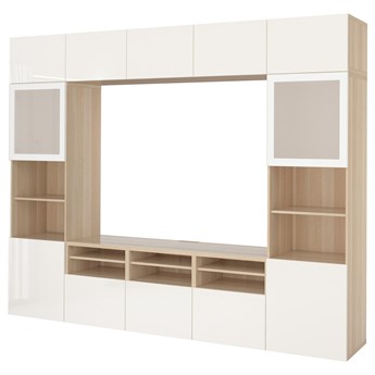 IKEA BESTÅ Kombinacja na TV/szklane drzwi, dąb bejcowany na biało/Selsviken wysoki połysk biały szkło matowe, 300x42x231 cm