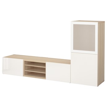 IKEA BESTÅ Kombinacja na TV/szklane drzwi, dąb bejcowany na biało/Selsviken wysoki połysk biały szkło matowe, 240x42x129 cm
