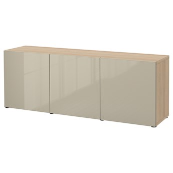 IKEA BESTÅ Kombinacja z drzwiami, Dąb bejcowany na biało/Selsviken wysoki połysk beż, 180x42x65 cm