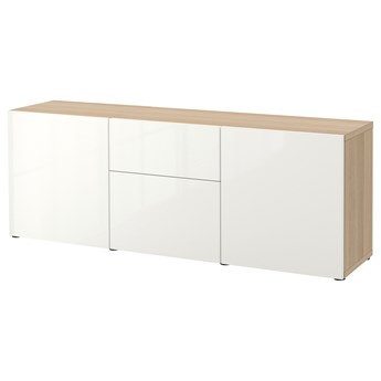 IKEA BESTÅ Kombinacja z szufladami, Dąb bejcowany na biało/Selsviken połysk/biel, 180x42x65 cm