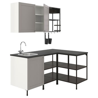 IKEA ENHET Kuchnia narożna, antracyt/szary rama, Wysokość szafka wisząca: 75 cm