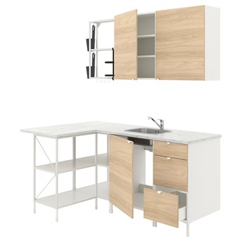 IKEA ENHET Kuchnia narożna, biały/imit. dębu, Wysokość szafka wisząca: 75 cm