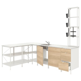 IKEA ENHET Kuchnia narożna, biały/imit. dębu, Wysokość szafka wisząca: 150 cm
