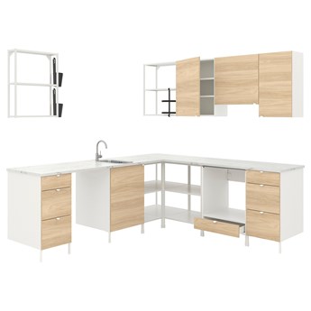 IKEA ENHET Kuchnia narożna, biały/imit. dębu, Wysokość szafka wisząca: 75 cm