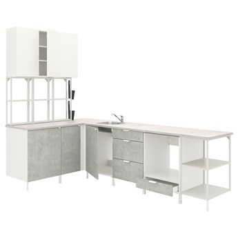 IKEA ENHET Kuchnia narożna, biały/imitacja betonu biały, Wysokość szafka wisząca: 150 cm