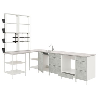 IKEA ENHET Kuchnia narożna, biały/imitacja betonu, Wysokość szafka wisząca: 150 cm