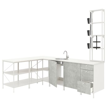 IKEA ENHET Kuchnia narożna, biały/imitacja betonu, Wysokość szafka wisząca: 150 cm