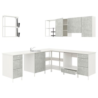 IKEA ENHET Kuchnia narożna, biały/imitacja betonu, Wysokość szafka wisząca: 75 cm