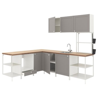 IKEA ENHET Kuchnia narożna, biały/szary rama, Wysokość szafka wisząca: 135 cm