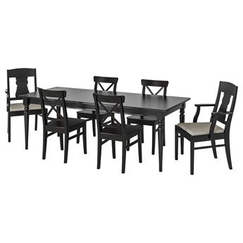 IKEA INGATORP / INGOLF Stół i 6 krzeseł, czarny/Nolhaga szary/beż, 155/215 cm