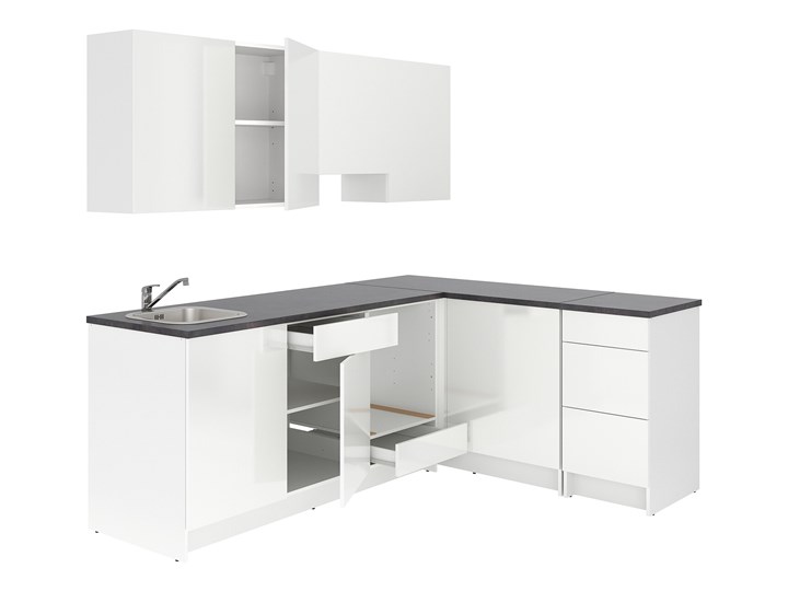 IKEA KNOXHULT Kuchnia narożna, połysk/biały, 243x164x220 cm Kategoria Zestawy mebli kuchennych Kolor Szary