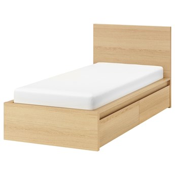 IKEA MALM Rama łóżka z 2 pojemnikami, Okleina dębowa bejcowana na biało, 90x200 cm