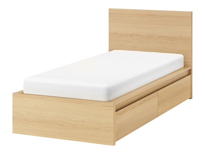 IKEA MALM Rama łóżka z 2 pojemnikami, Okleina dębowa bejcowana na biało, 90x200 cm Łóżko drewniane Drewno Kolor Biały