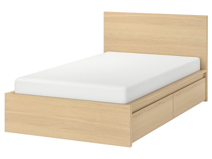 IKEA MALM Rama łóżka z 2 pojemnikami, Okleina dębowa bejcowana na biało, 120x200 cm Drewno Łóżko drewniane Kolor Beżowy