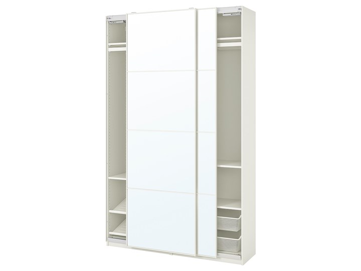 IKEA PAX / AULI Kombinacja szafy, biały/lustro, 150x44x236 cm Wysokość 236,4 cm Głębokość 44 cm Płyta laminowana Lustro Szerokość 150 cm Rodzaj drzwi Przesuwne