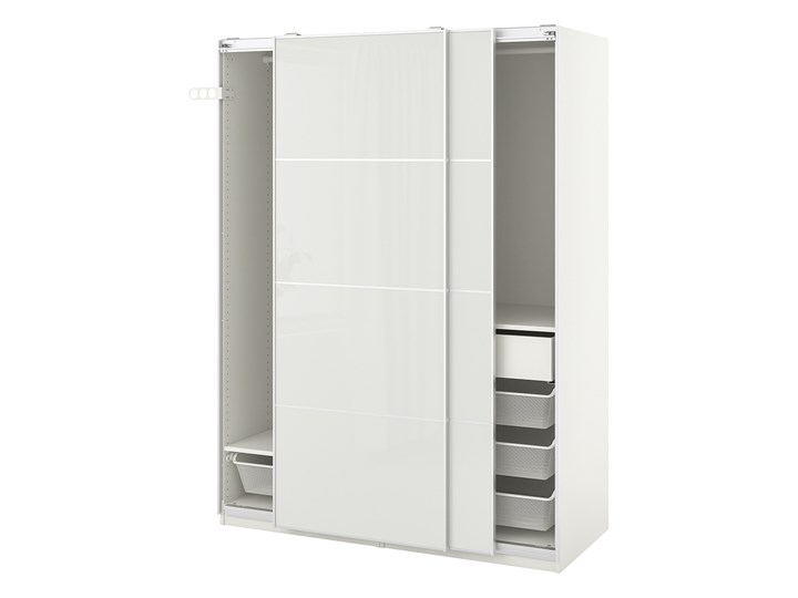 IKEA PAX / HOKKSUND Kombinacja szafy, biały/połysk jasnoszary, 150x66x201 cm Rodzaj drzwi Przesuwne Płyta laminowana Kategoria Szafy do garderoby