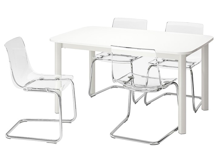 IKEA STRANDTORP / TOBIAS Stół i 4 krzesła, biały/przezroczysty, 150/205/260x95 cm Kategoria Stoły z krzesłami Pomieszczenie Jadalnia
