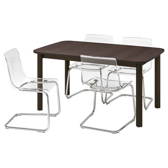 IKEA STRANDTORP / TOBIAS Stół i 4 krzesła, brązowy/przezroczysty, 150/205/260x95 cm