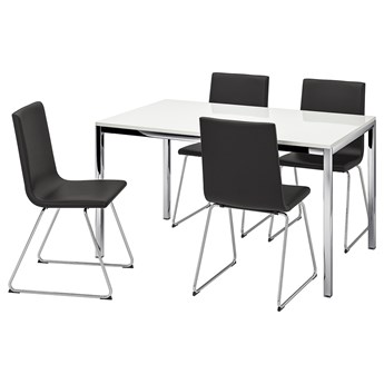 IKEA TORSBY / VOLFGANG Stół i 4 krzesła, połysk biały/Bomstad czarny, Długość stołu: 135 cm