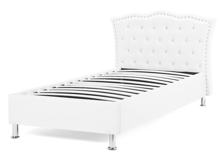 Łóżko białe ekoskóra 90 x 200 cm z pojemnikiem i stelażem ozdobne wezgłowie z kryształkami i ćwiekami Łóżko tapicerowane Kolor Biały Kategoria Łóżka do sypialni