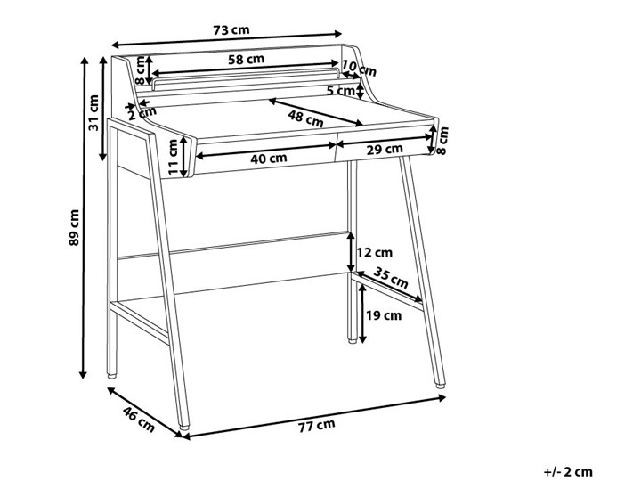Małe biurko jasnobrązowe 73 x 48 cm z nadstawką i szufladami na stalowej ramie Drewno Styl Nowoczesny Biurko z nadstawką Szerokość 77 cm Płyta MDF Biurko komputerowe Szerokość 72 cm Kolor Brązowy