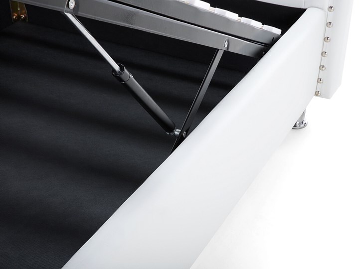 Łóżko białe ekoskóra 90 x 200 cm z pojemnikiem i stelażem ozdobne wezgłowie z kryształkami i ćwiekami Kolor Biały Łóżko tapicerowane Kategoria Łóżka do sypialni