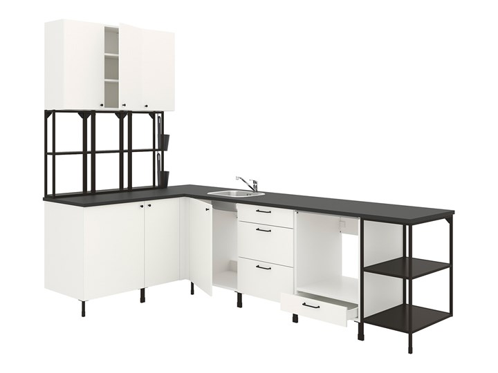 IKEA ENHET Kuchnia narożna, antracyt/biały, Wysokość szafka wisząca: 150 cm Kategoria Zestawy mebli kuchennych Kolor Czarny