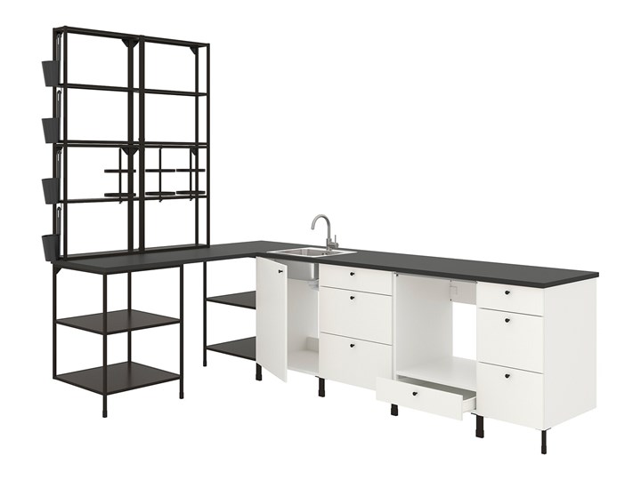 IKEA ENHET Kuchnia narożna, antracyt/biały, Wysokość szafka wisząca: 150 cm Zestawy gotowe Kategoria Zestawy mebli kuchennych Kolor Czarny