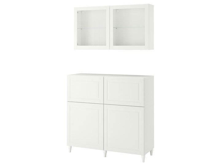 IKEA BESTÅ Kombinacja regałowa z drzw/szuf, Biały Smeviken/Ostvik/Kabbarp białe szkło przezroczyste, 120x42x213 cm Kolor Przezroczysty Kategoria Zestawy mebli do sypialni
