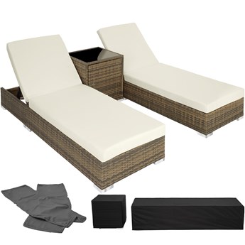 2 leżaki z technorattanu + stół + pokrowiec, - naturalny