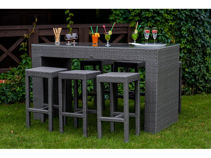 Meble barowe do ogrodu GENIALE szary technorattan stół (aluminium) 6 hokerów Stoły z krzesłami Zawartość zestawu Krzesła Kategoria Zestawy mebli ogrodowych