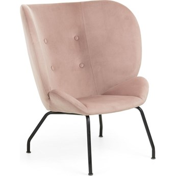 Fotel do pokoju welurowy różowy nogi metalowe czarne