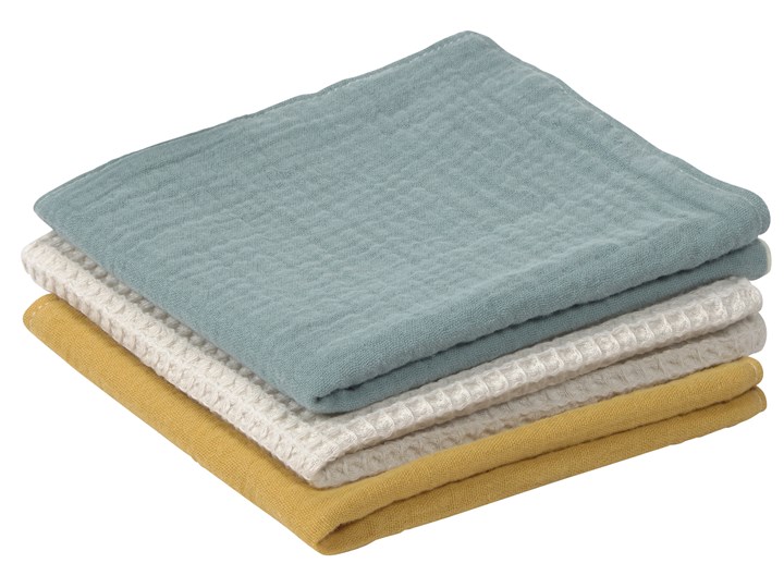 Zestaw 3 ręczników Lihuen 100% bawełna organiczna (GOTS) musztardowy turkus i beż Komplet ręczników 27x27 cm Dziecięce Kolor Szary