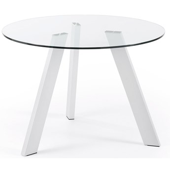 Stół okrągły transparentny szklany blat białe metalowe nogi Ø110x75 cm
